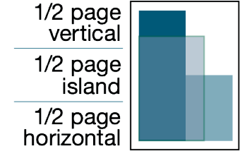 Image depicting: One Half page vertical, One Half page island, and One Half page horizontal ad sizing.