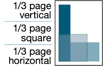 Image depicting: One Third page vertical, One Third page square, and One Third page horizontal ad sizing.